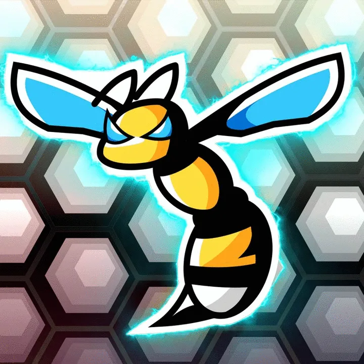 Bumble bee mascot with blue wings over a honeycomb background